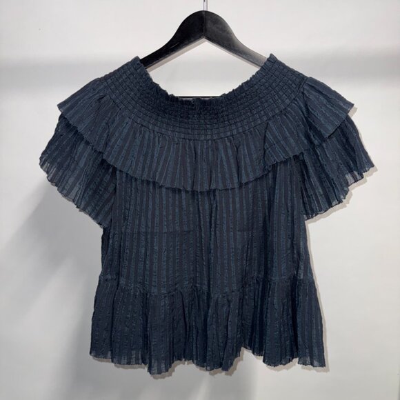 Ulla Johnson Kasia Navy Blue Smocked Off-the-Shoulder Tiered Ruffle Top - Picture 2 of 6